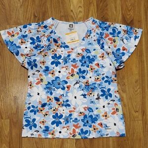 Anne Klein New Fiji Blue Multi Flutter Sleeve White Orange Floral Top Size S